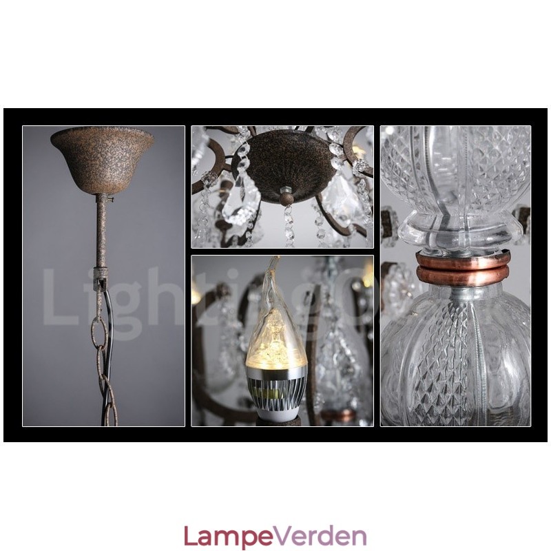 6 lys diameter 60 cm vintage krystal maleri metal lysekrone rusten jern farve pendel lys