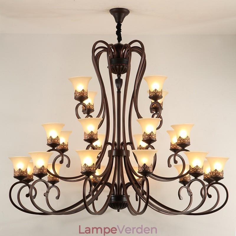 24 lys højt til loftet Vintage Country Island maleri Metal lysekrone med glas skærme Højt loft