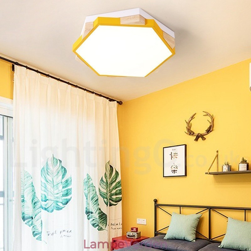 Dæmpbar Multi Colours Hexagon Wood Loftslampe med Acryl Skærm Loftslampe Nordic Style