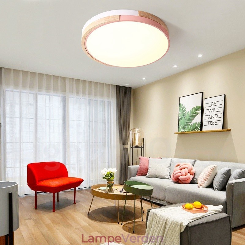 Dæmpbar Multifarver Rund Træ Loftslampe med Acryl Skærm Loftslampe Nordic Style