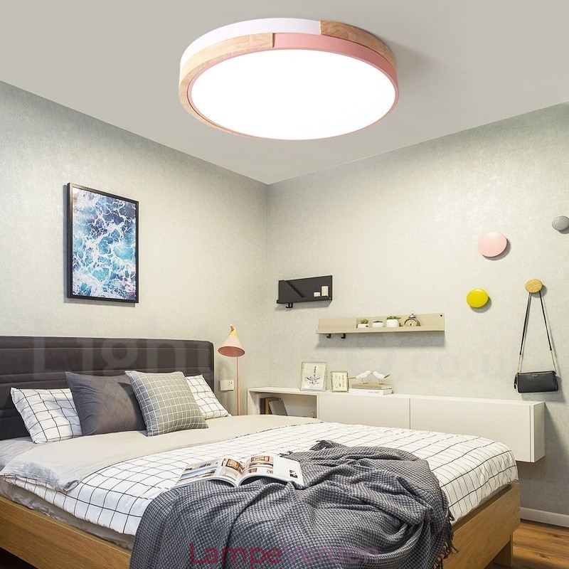 Dæmpbar Multifarver Rund Træ Loftslampe med Acryl Skærm Loftslampe Nordic Style