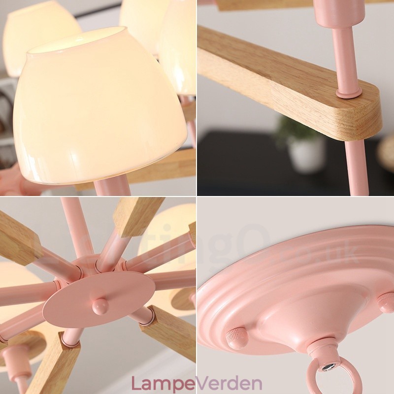 6 lys 8 lys multifarver Macaron træ pendel med glasskærme Lysekrone nordisk stil