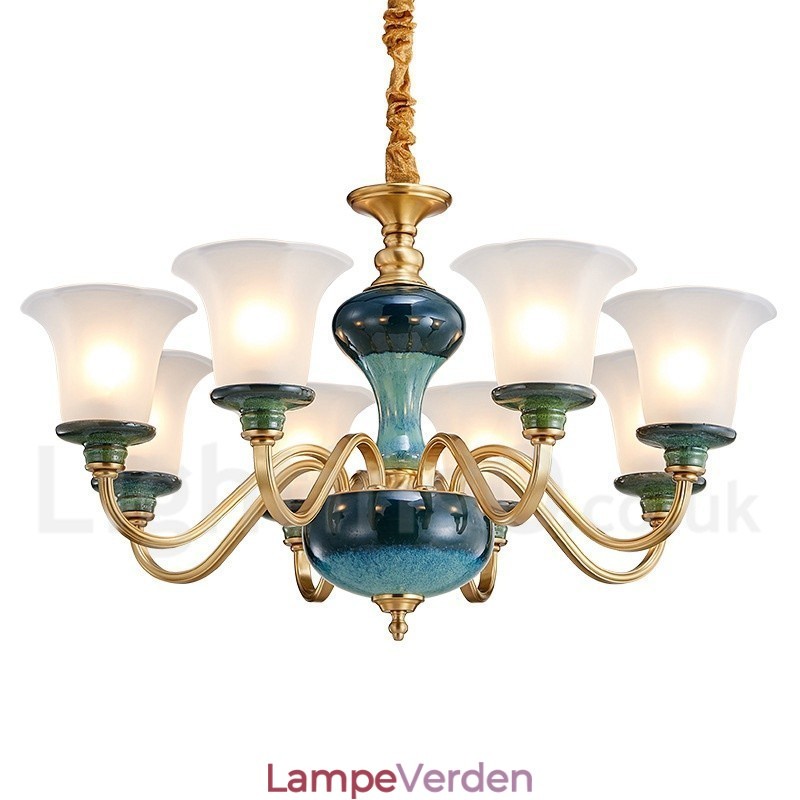 Retro vintage messing keramik vedhæng stearinlys lysekrone med glasskærme