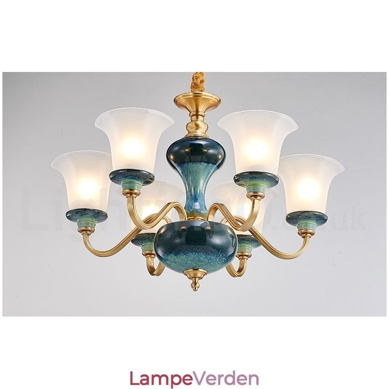 Retro vintage messing keramik vedhæng stearinlys lysekrone med glasskærme