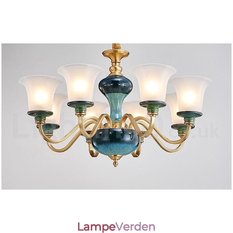 Retro vintage messing keramik vedhæng stearinlys lysekrone med glasskærme