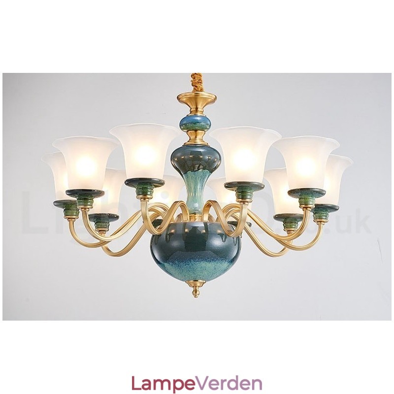 Retro vintage messing keramik vedhæng stearinlys lysekrone med glasskærme