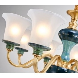 Retro vintage messing keramik vedhæng stearinlys lysekrone med glasskærme