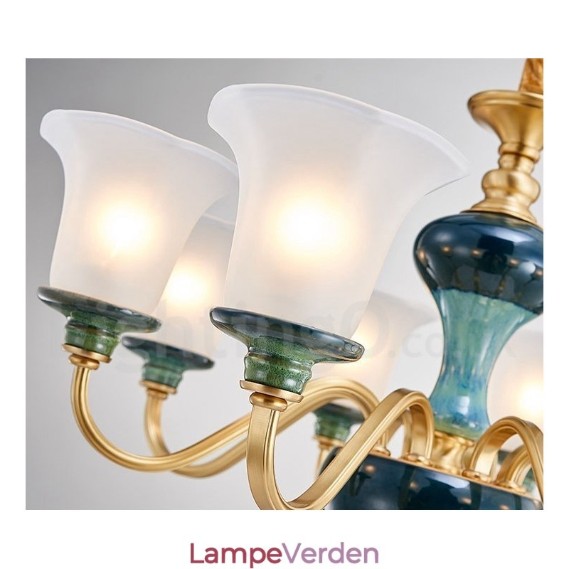 Retro vintage messing keramik vedhæng stearinlys lysekrone med glasskærme