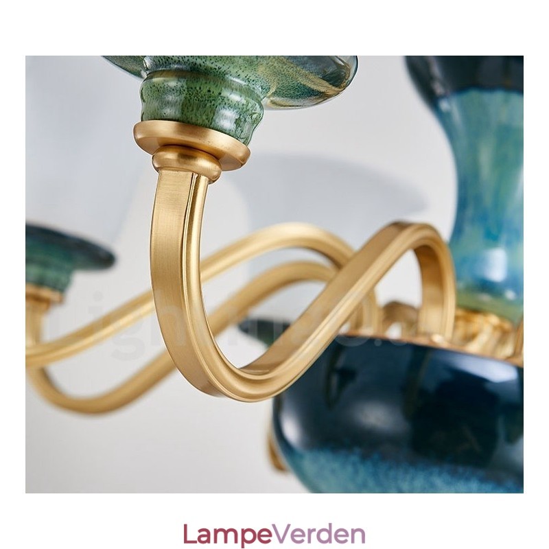 Retro vintage messing keramik vedhæng stearinlys lysekrone med glasskærme