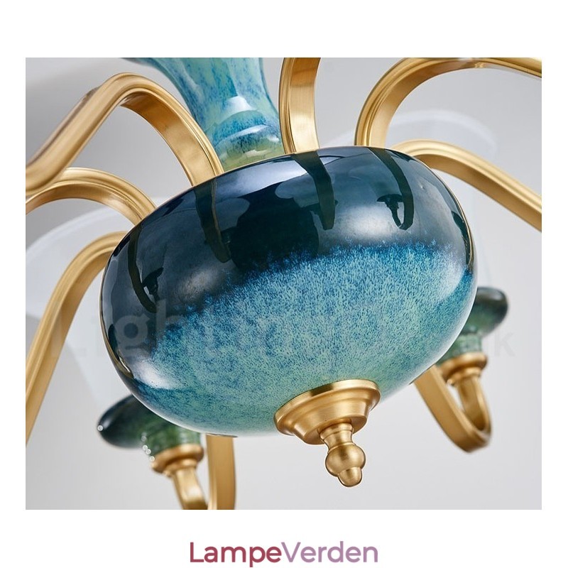 Retro vintage messing keramik vedhæng stearinlys lysekrone med glasskærme