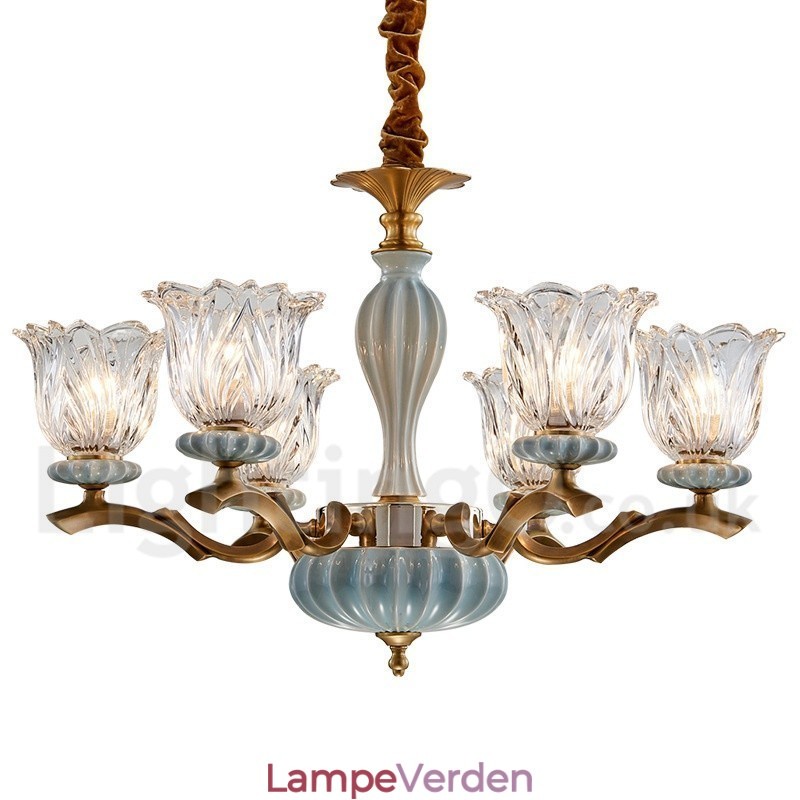 Retro vintage messing keramik vedhæng stearinlys lysekrone med glasskærme