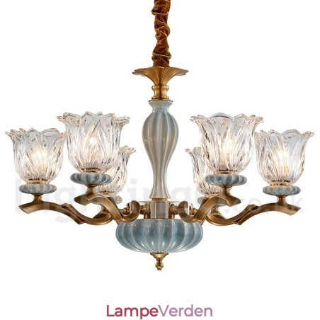 Retro vintage messing keramik vedhæng stearinlys lysekrone med glasskærme Retro vintage messing keramik vedhæng stearinlys lysekrone med glasskærme
