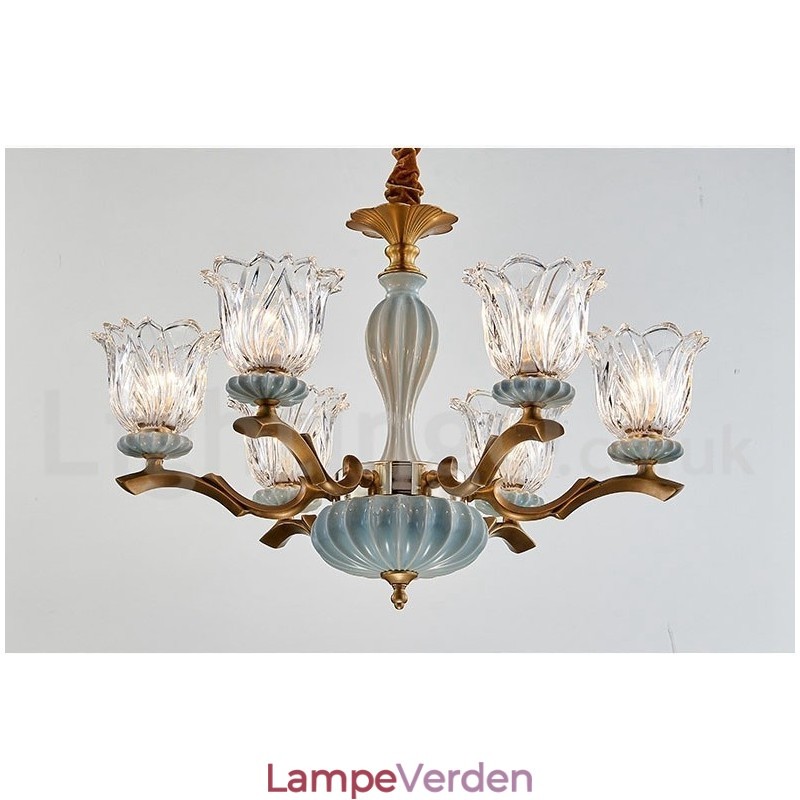 Retro vintage messing keramik vedhæng stearinlys lysekrone med glasskærme