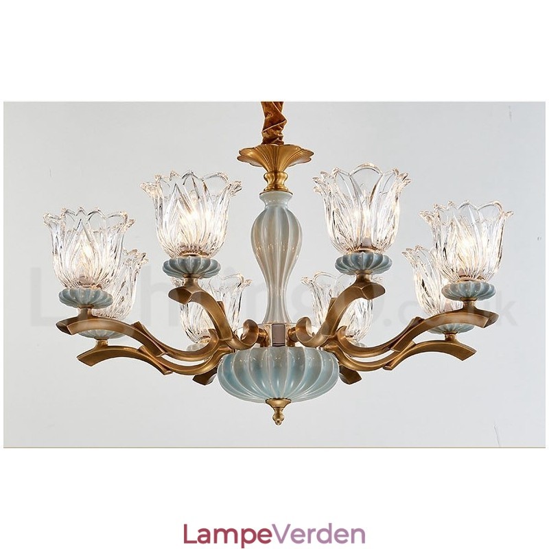 Retro vintage messing keramik vedhæng stearinlys lysekrone med glasskærme