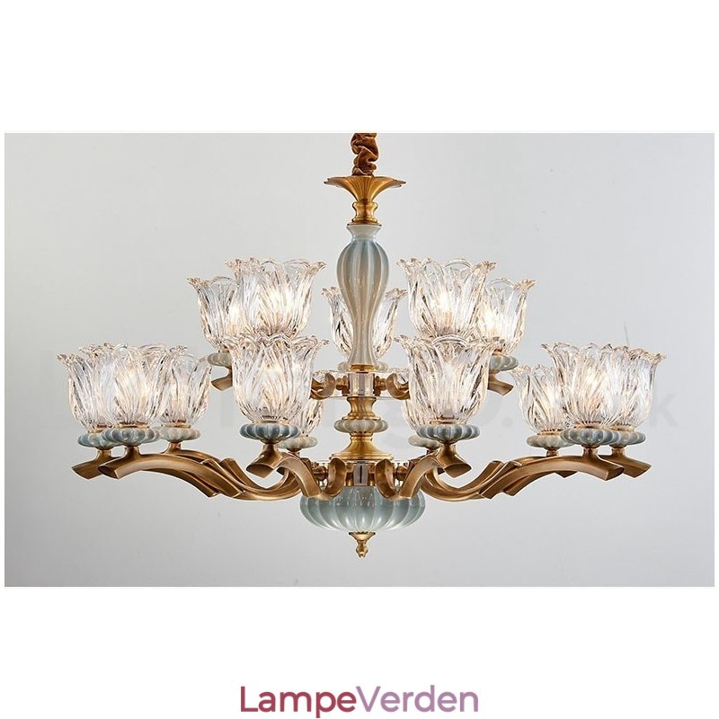 Retro vintage messing keramik vedhæng stearinlys lysekrone med glasskærme