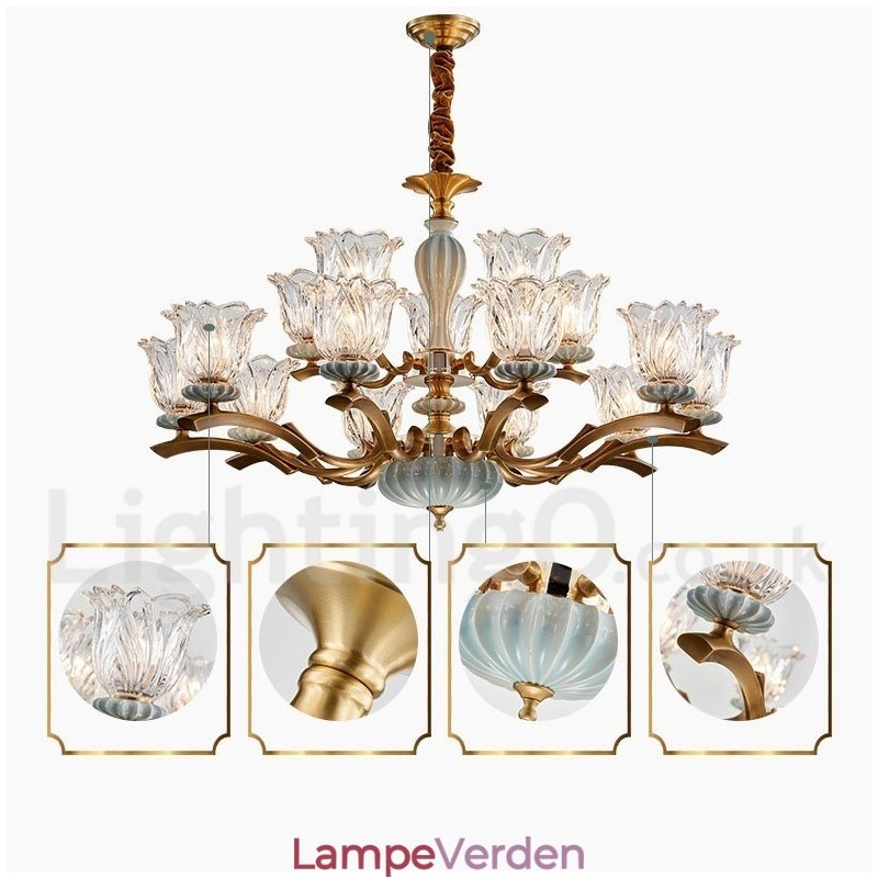 Retro vintage messing keramik vedhæng stearinlys lysekrone med glasskærme