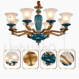 Retro vintage messing keramik vedhæng stearinlys lysekrone med glasskærme