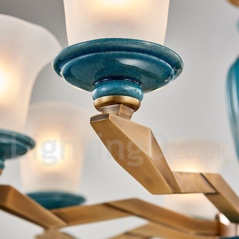 Retro vintage messing keramik vedhæng stearinlys lysekrone med glasskærme