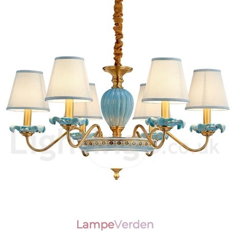 Retro vintage messing keramik vedhæng stearinlys lysekrone med blå stofskærme Retro vintage messing keramik vedhæng stearinlys lysekrone med blå stofskærme