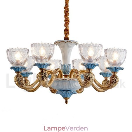 Retro vintage messing keramik vedhæng stearinlys lysekrone med glasskærme Retro vintage messing keramik vedhæng stearinlys lysekrone med glasskærme