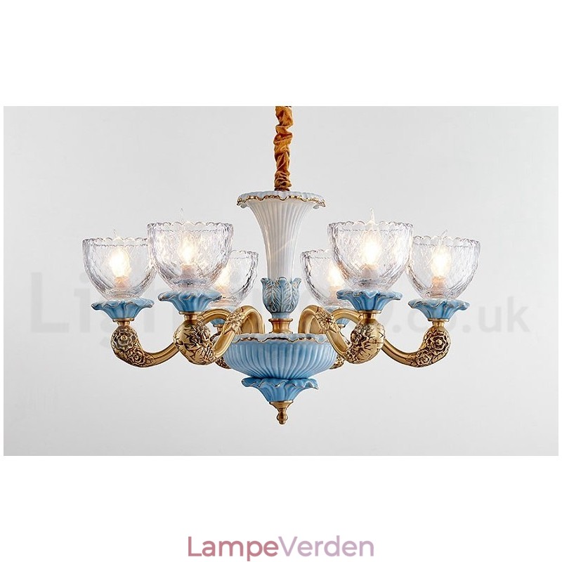 Retro vintage messing keramik vedhæng stearinlys lysekrone med glasskærme
