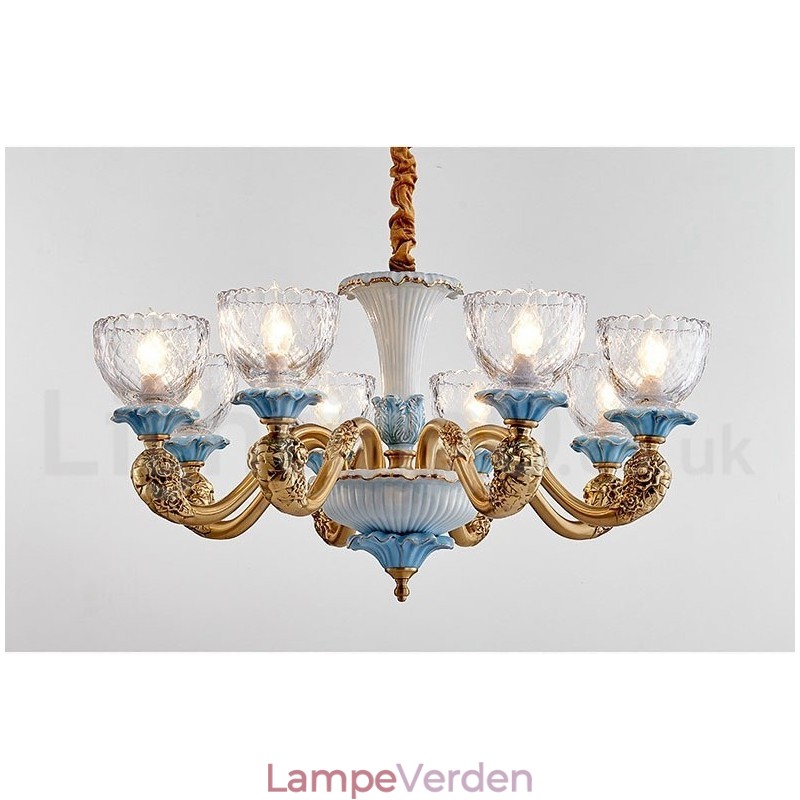 Retro vintage messing keramik vedhæng stearinlys lysekrone med glasskærme