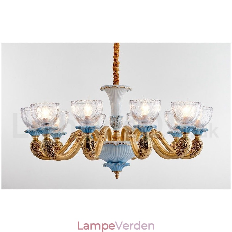 Retro vintage messing keramik vedhæng stearinlys lysekrone med glasskærme