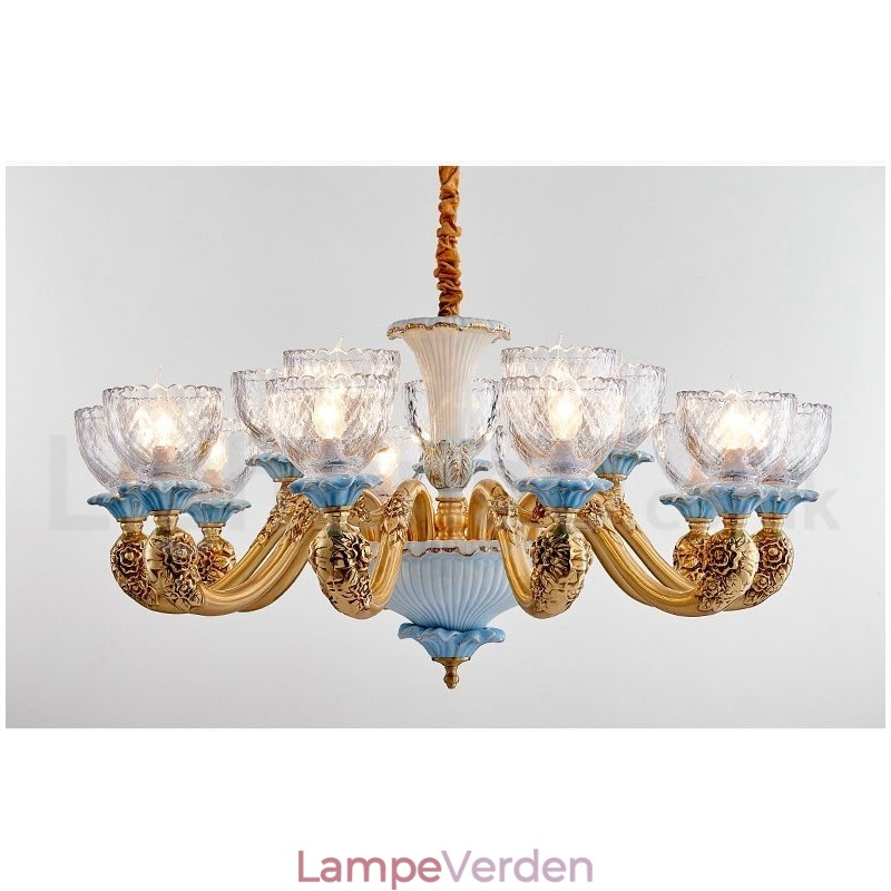 Retro vintage messing keramik vedhæng stearinlys lysekrone med glasskærme