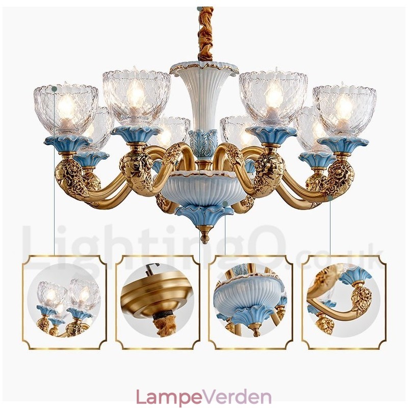 Retro vintage messing keramik vedhæng stearinlys lysekrone med glasskærme