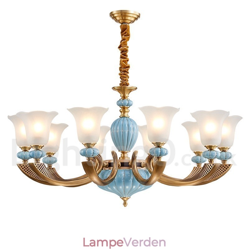 Retro vintage messing keramik vedhæng stearinlys lysekrone med glasskærme