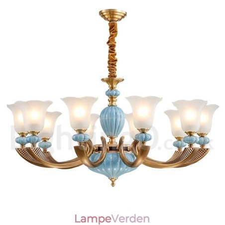 Retro vintage messing keramik vedhæng stearinlys lysekrone med glasskærme Retro vintage messing keramik vedhæng stearinlys lysekrone med glasskærme