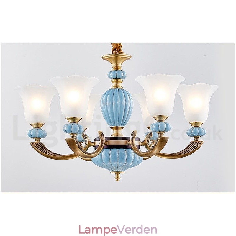 Retro vintage messing keramik vedhæng stearinlys lysekrone med glasskærme