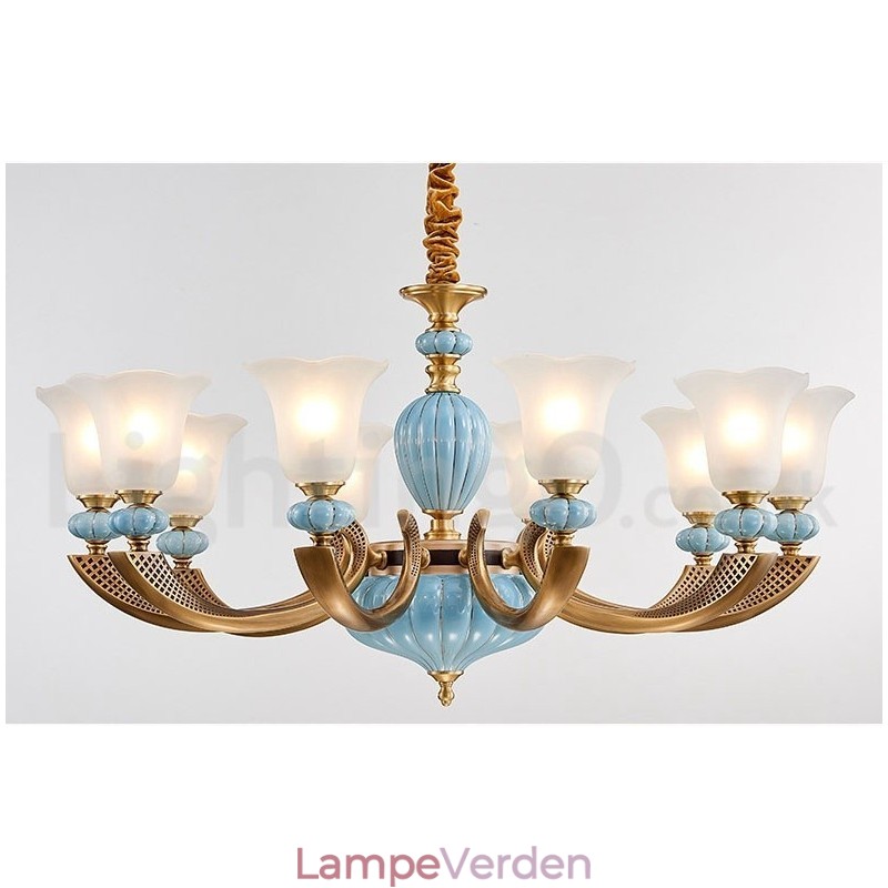 Retro vintage messing keramik vedhæng stearinlys lysekrone med glasskærme
