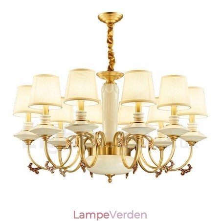 Retro vintage messing keramik vedhæng stearinlys lysekrone med stofskærme Retro vintage messing keramik vedhæng stearinlys lysekrone med stofskærme