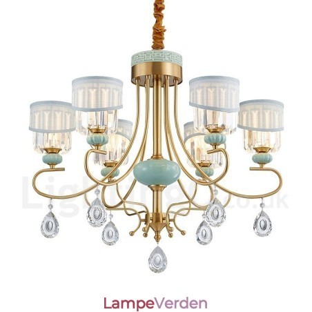 Ren messing Luksuriøs rustik retro vintage messing keramik vedhæng stearinlys lysekrone med stof og krystalskærme Ren messing Luksuriøs rustik retro vintage messing keramik vedhæng stearinlys lysekrone med stof og krystalskærme