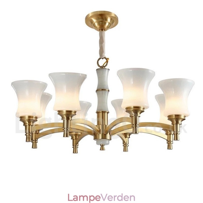 Ren messing Luksuriøs rustik retro vintage messing sten vedhæng lys lysekrone med glasskærme
