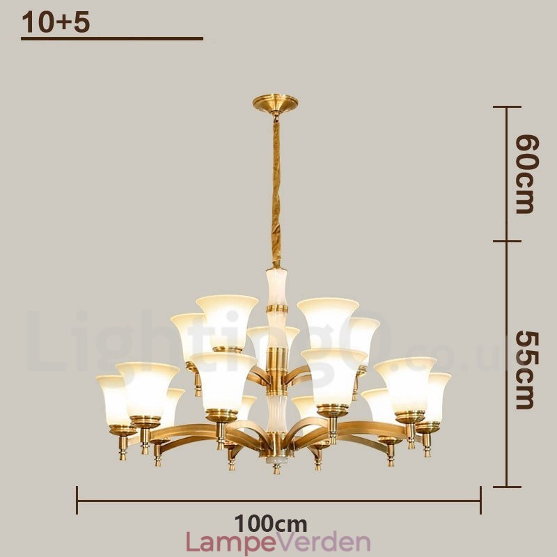 Ren messing Luksuriøs rustik retro vintage messing sten vedhæng lys lysekrone med glasskærme