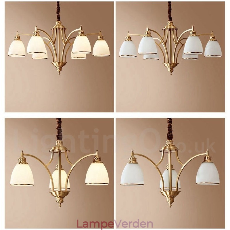 Pure Messing Stor Luksuriøs Rustik Retro Vintage Messing Pendel Lysekrone med Glasskærme