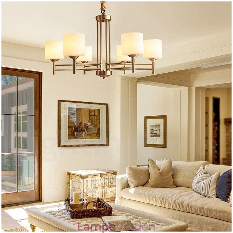 Pure Messing Stor Luksuriøs Rustik Retro Vintage Messing Pendel Lysekrone med Glasskærme