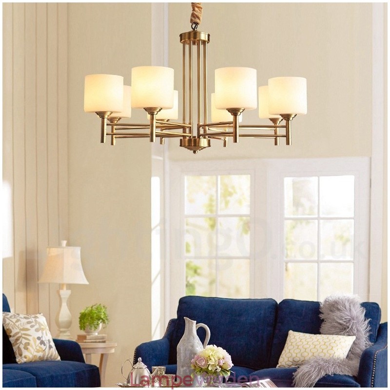 Pure Messing Stor Luksuriøs Rustik Retro Vintage Messing Pendel Lysekrone med Glasskærme