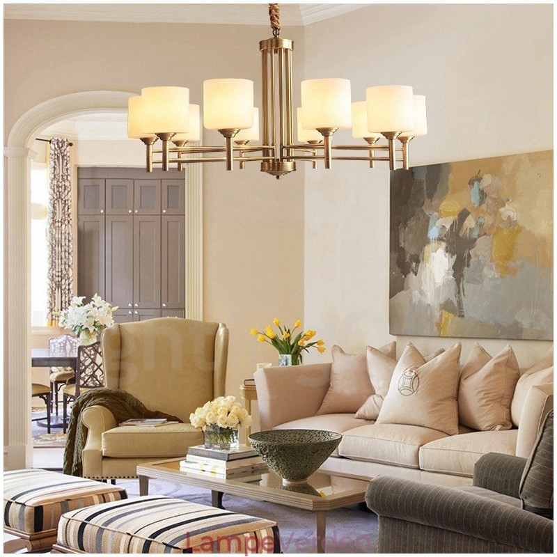 Pure Messing Stor Luksuriøs Rustik Retro Vintage Messing Pendel Lysekrone med Glasskærme