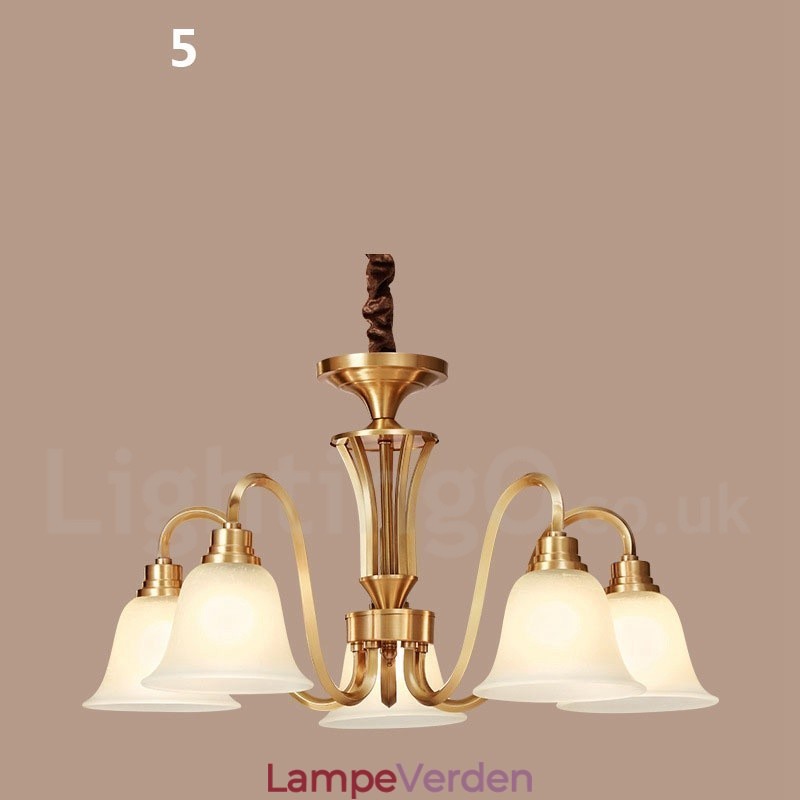 Pure Messing Stor Luksuriøs Rustik Retro Vintage Solid Messing Pendel Lysekrone med Glasskærme