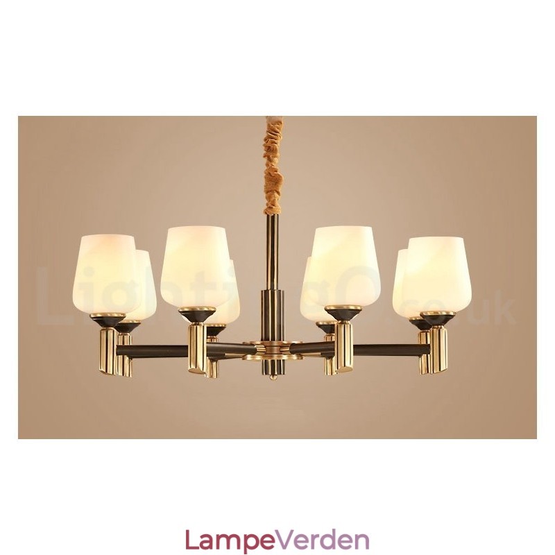 Pure Messing Stor Luksuriøs Rustik Retro Vintage Messing Pendel Lysekrone med Glasskærme