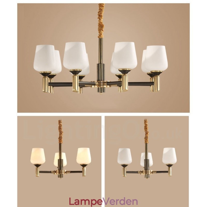 Pure Messing Stor Luksuriøs Rustik Retro Vintage Messing Pendel Lysekrone med Glasskærme