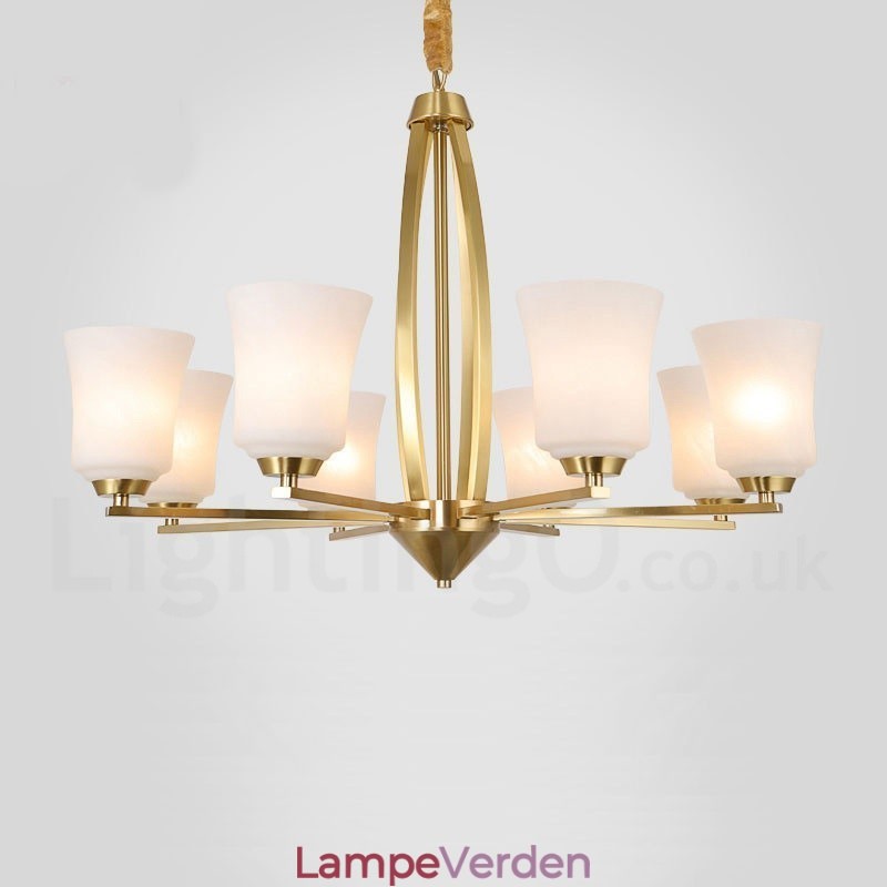 8 lys ren messing stor luksuriøs rustik retro vintage messing vedhæng lysekrone med glasskærme