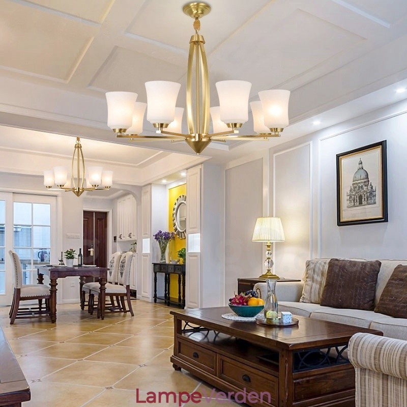 8 lys ren messing stor luksuriøs rustik retro vintage messing vedhæng lysekrone med glasskærme