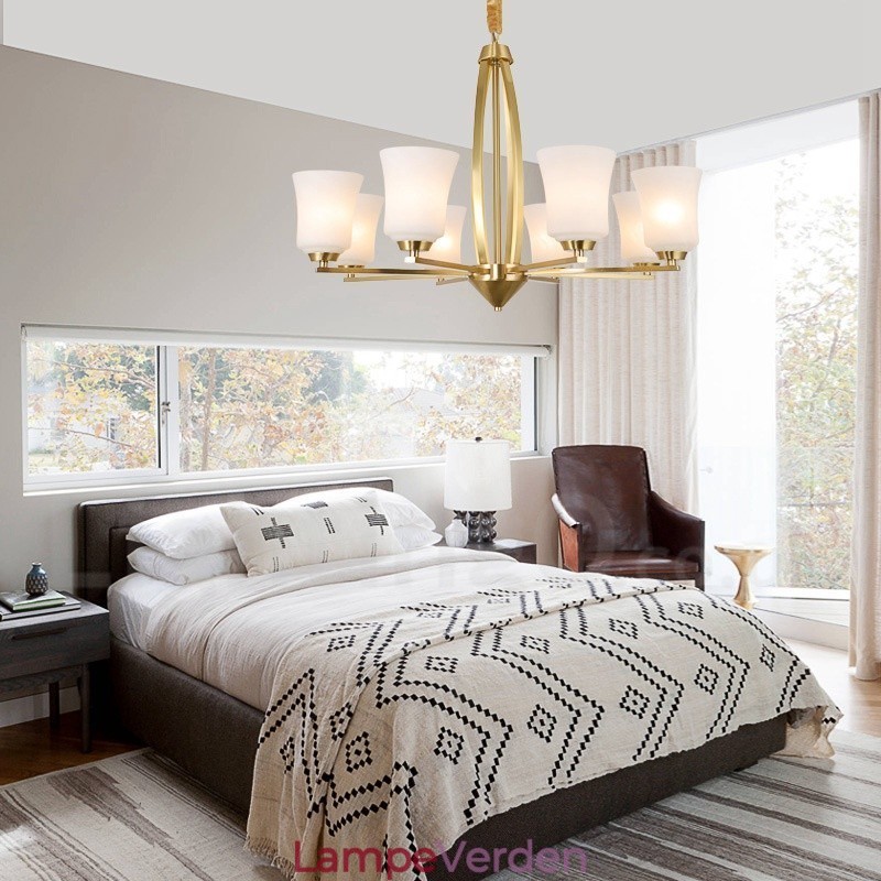 8 lys ren messing stor luksuriøs rustik retro vintage messing vedhæng lysekrone med glasskærme