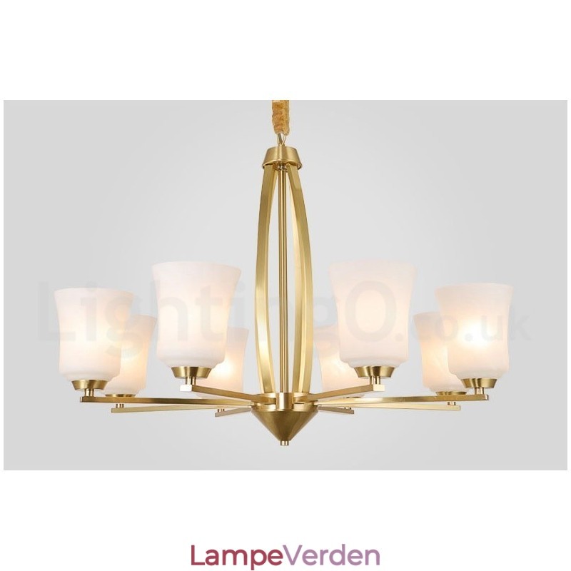 8 lys ren messing stor luksuriøs rustik retro vintage messing vedhæng lysekrone med glasskærme