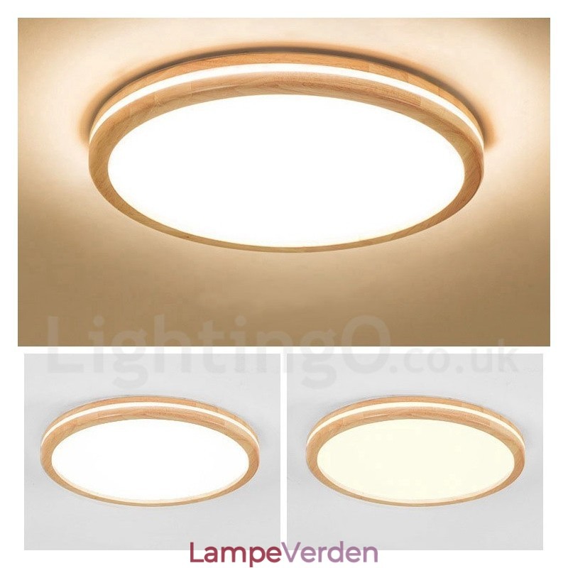 Dæmpbar rund træ med linse Moderne moderne nordisk stil flush Mount træloftslampe med akrylskærm og fjernbetjening kan også bruges som væglampe