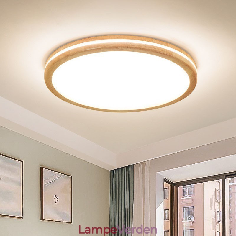 Dæmpbar rund træ med linse Moderne moderne nordisk stil flush Mount træloftslampe med akrylskærm og fjernbetjening kan også bruges som væglampe